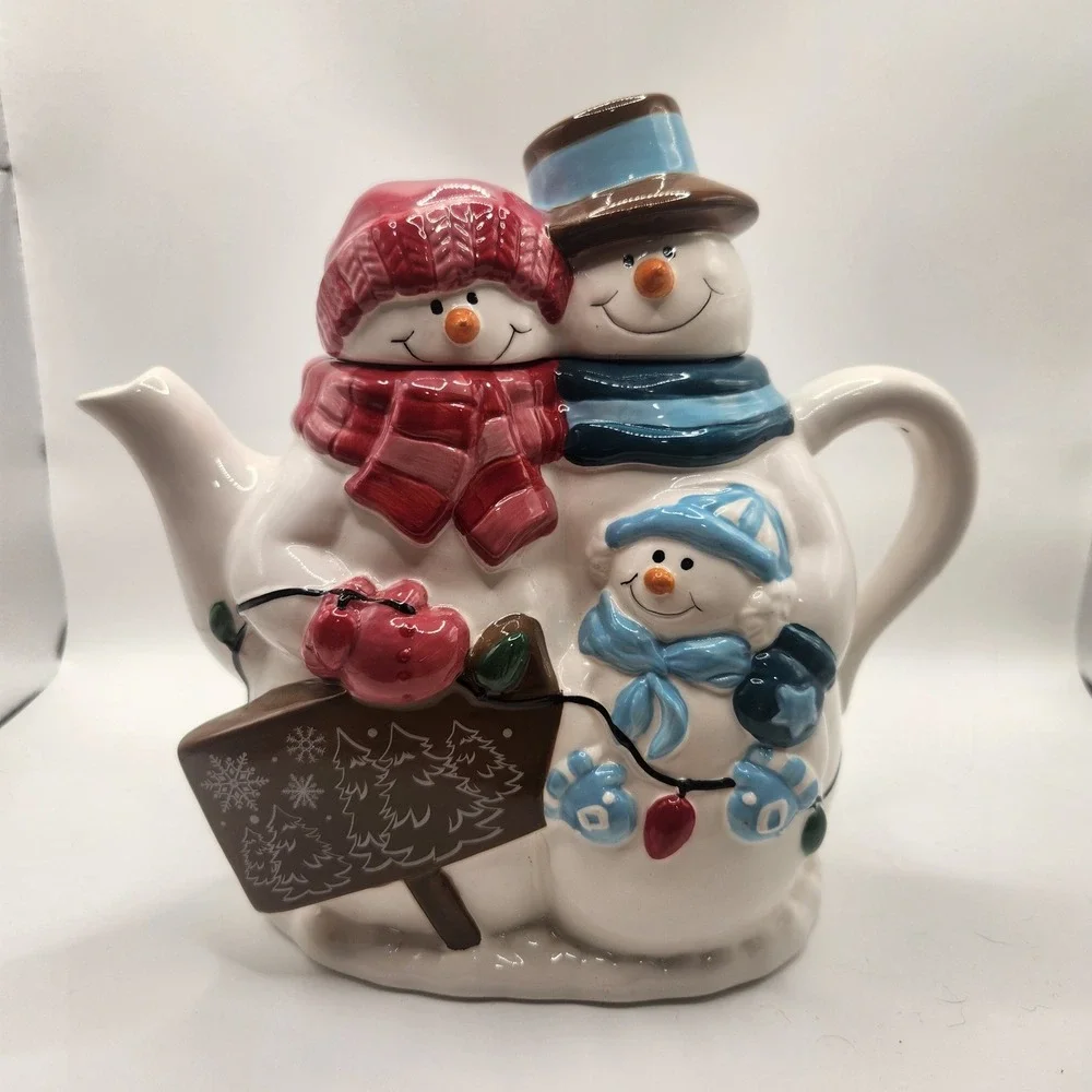 Snowman Family Ceramic Teapot Christmas Holiday Winter Decor Red Blue